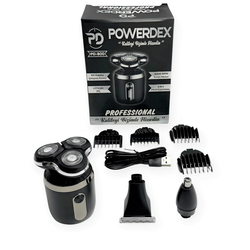Powerdex Pd-800 3'ü 1 Arada Lcd Ekranlı Şarjlı Tıraş Makinesi Seti